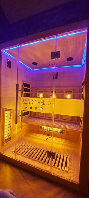 A glass-walled room with a bed, a window, and a sign reading "MILLA SORRELLA". - Villa Sorella Beautiful 3-bedroom Villa in Karanac (Knezevi Vinogradi)