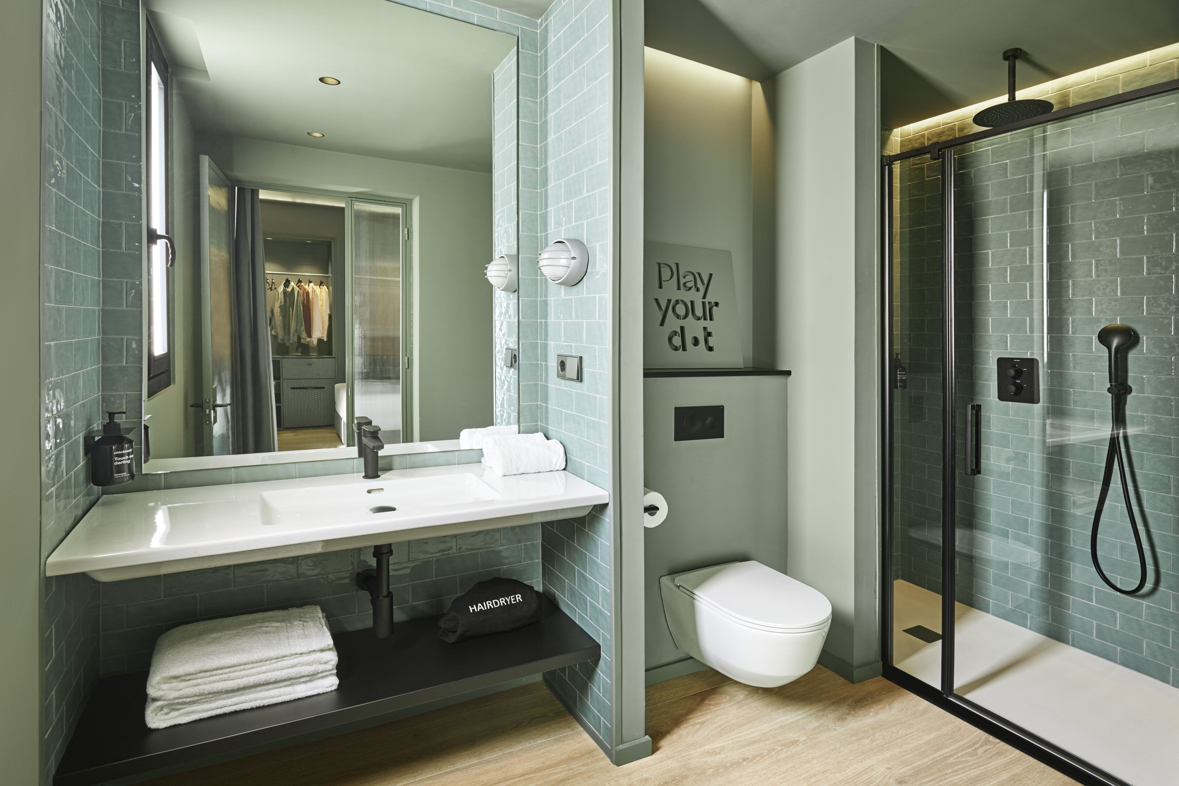 superior double room, terrace | bathroom | hair dryer, towels, soap, shampoo