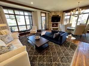 Smart TV, fireplace, DVD player, stereo