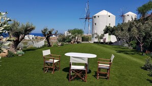 A grassy outdoor area with a round table and two wooden chairs, surrounded by trees and a white windmill in the background.