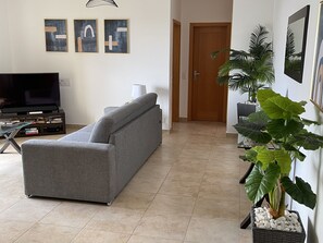 A living room with a grey sofa, a flat-screen TV on a stand, and three abstract paintings on the wall.