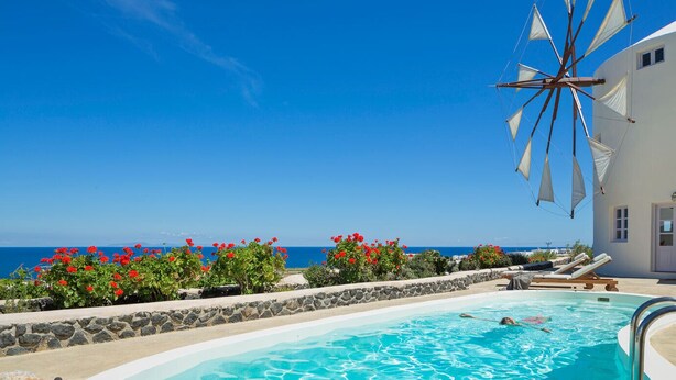 A pool area with a windmill, a view of the sea, and red flowers.