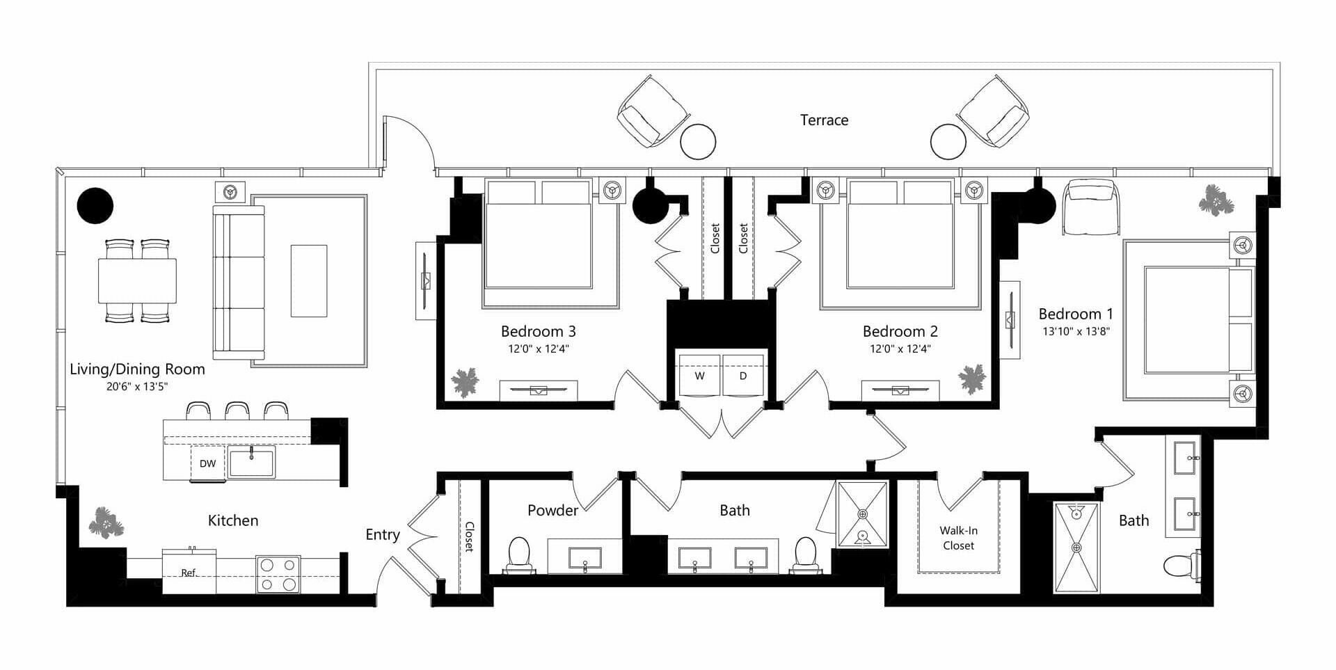 Plano de planta de un hotel con tres dormitorios, una sala de estar/comedor, una cocina, un aseo, un baño y una terraza.