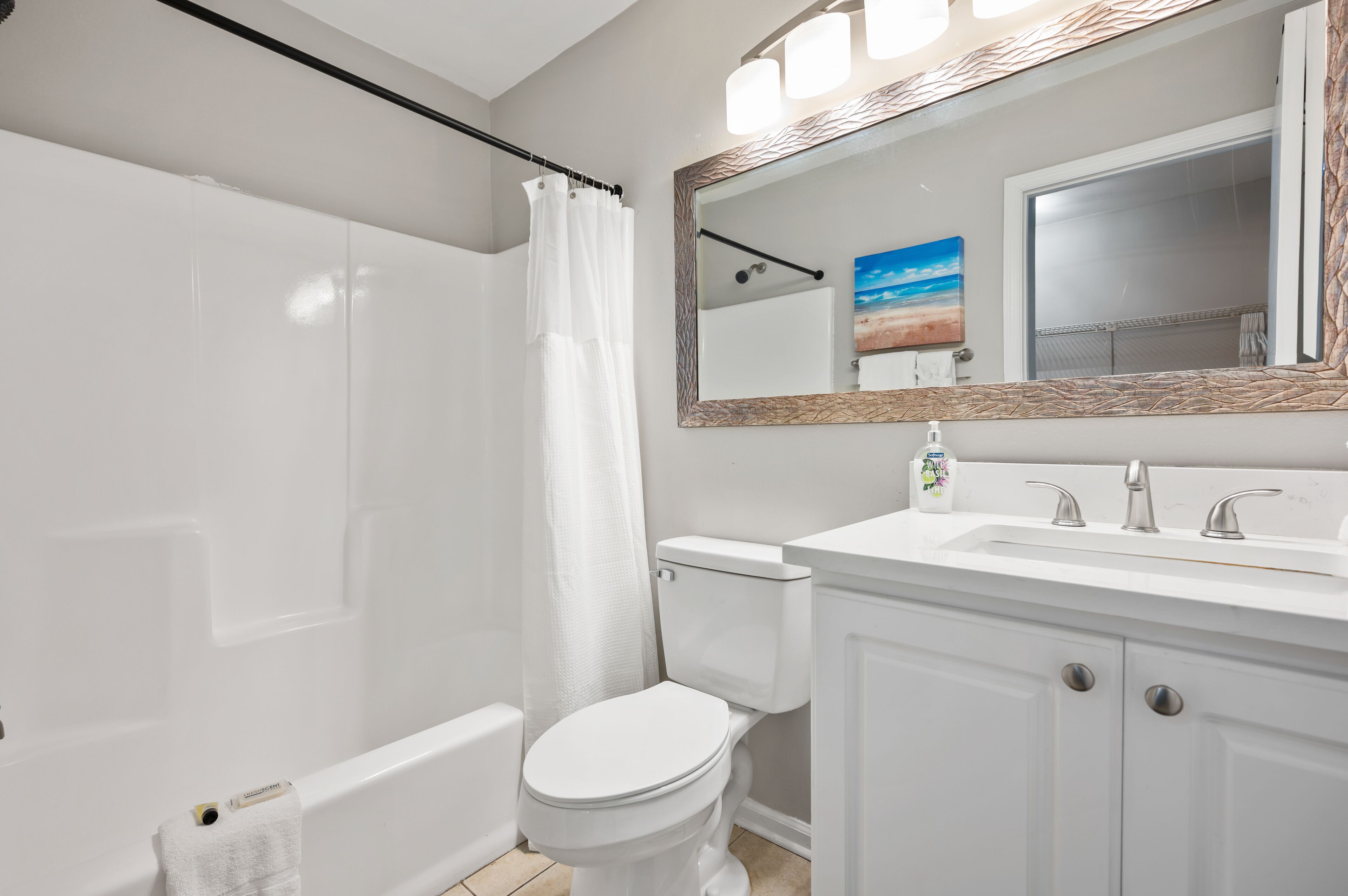 Hair dryer, towels, soap, shampoo