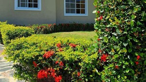 A building with two arched windows, a well-maintained garden with red flowers, and a clear blue sky. - 9BD guest-friendly complex in central Sosua, 2 pools, WiFi/AC/cable TV/BBQ (Sosúa)