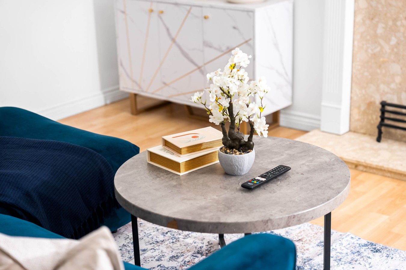 A round table with a remote control, a potted plant, and stacked books.
