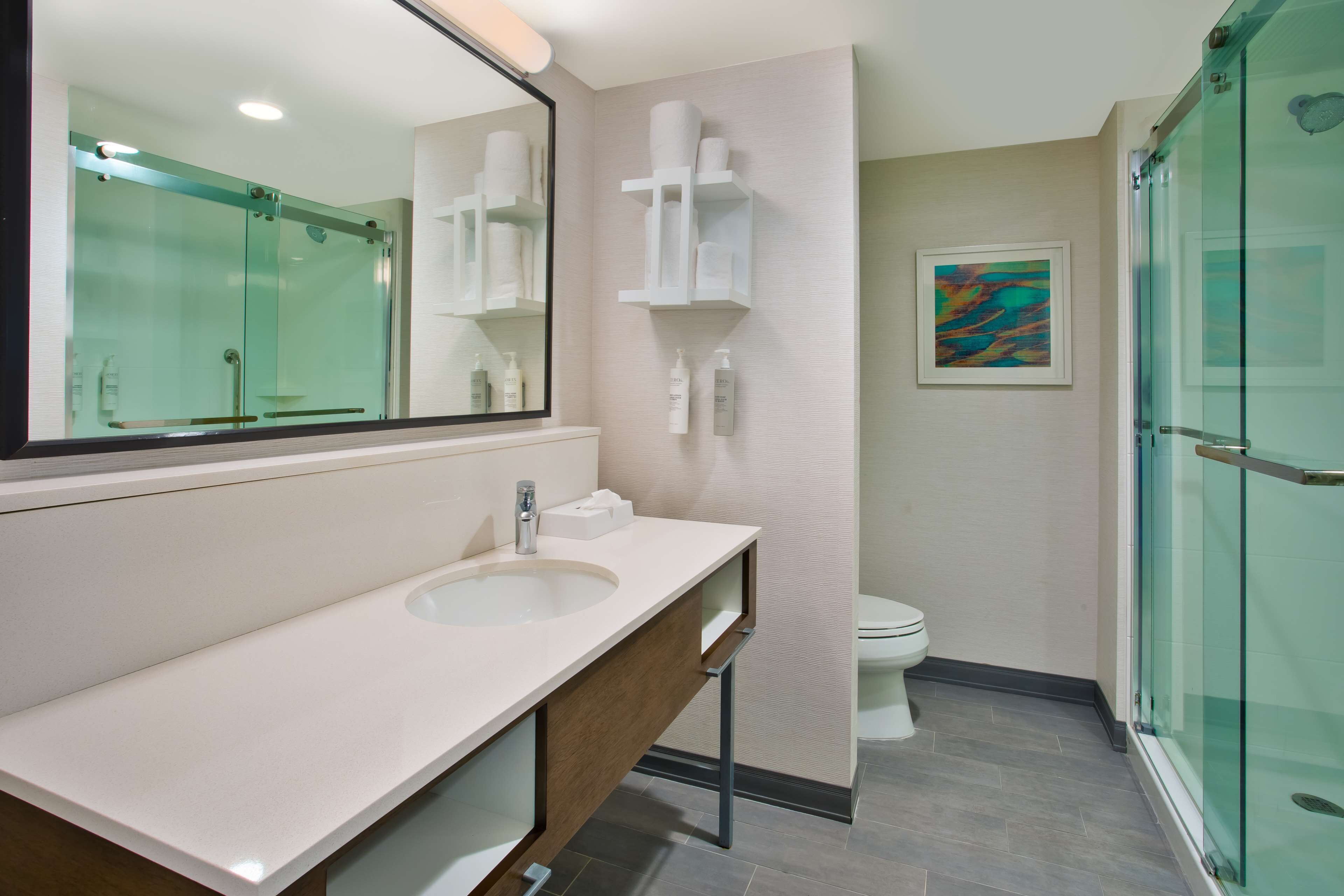 A modern bathroom with a glass-enclosed shower, a large mirror, and a white sink.