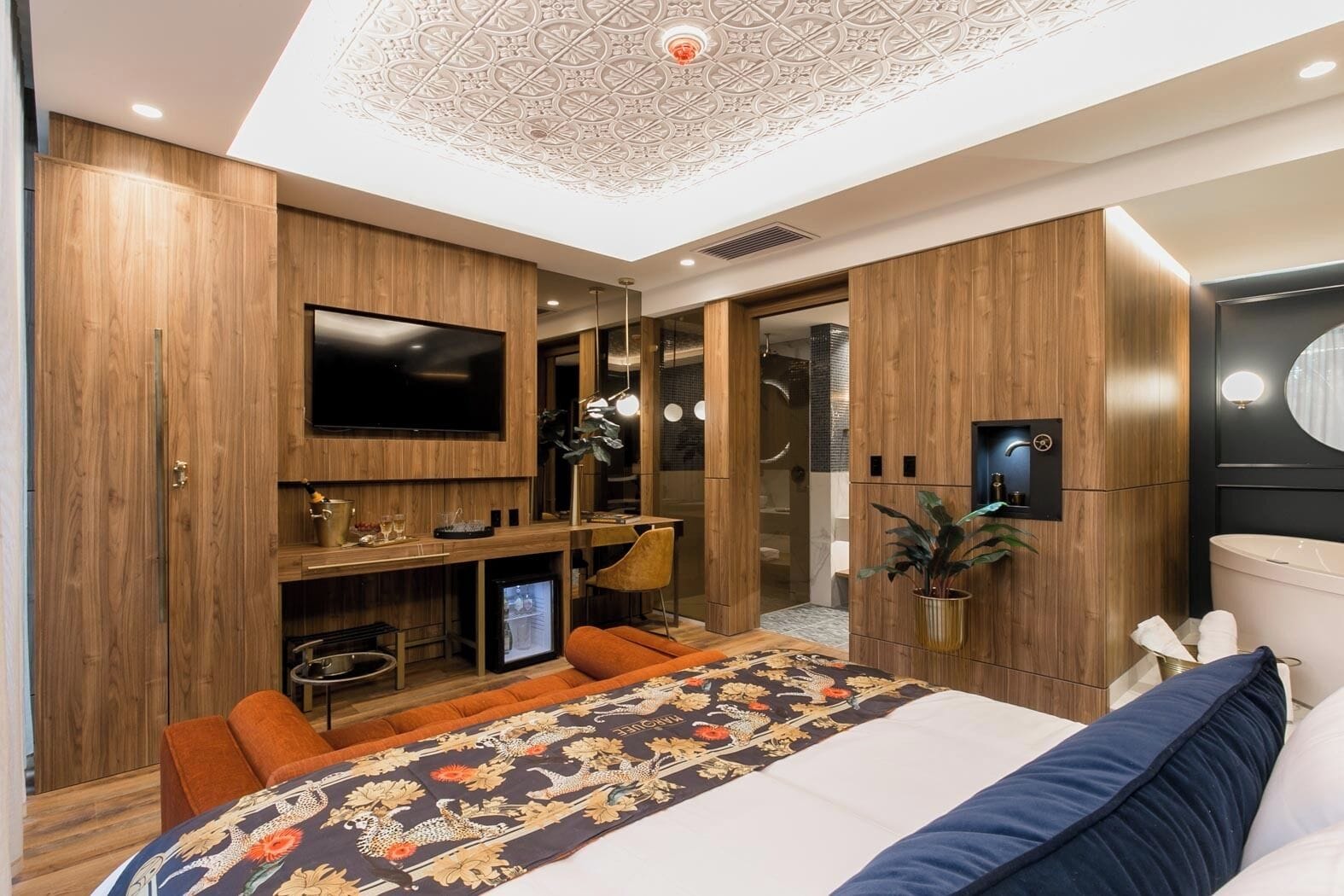 A modern bedroom with a large bed, a TV, and built-in wardrobes.