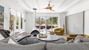 Smart TV, fireplace, DVD player, books