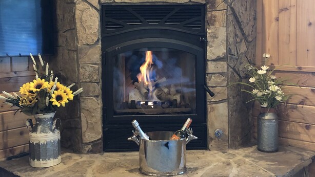 Una chimenea de piedra con un televisor montado encima, un cartel que dice "Lake Lodge" y dos jarrones con flores a cada lado.