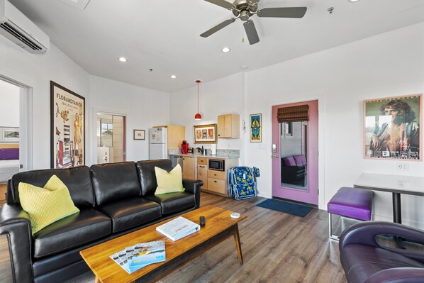 TV - Boutique Hotel Folly Room 2: King Suite with large private balcony in the heart of Folly Beach (Folly Beach)