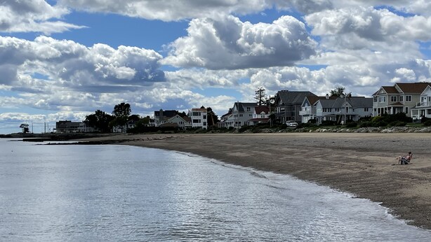 Una playa con casas al fondo.