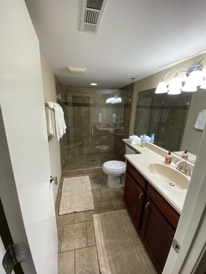 Combined shower/bathtub, hair dryer, towels, soap - CREEKSIDE VIBES 2BR/2BA 1ST FLOOR, WALK TO GATLINBURG, -AUGUST SPECIAL! BOOK NOW (Gatlinburg)