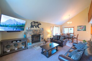 Smart TV, fireplace, video games, DVD player