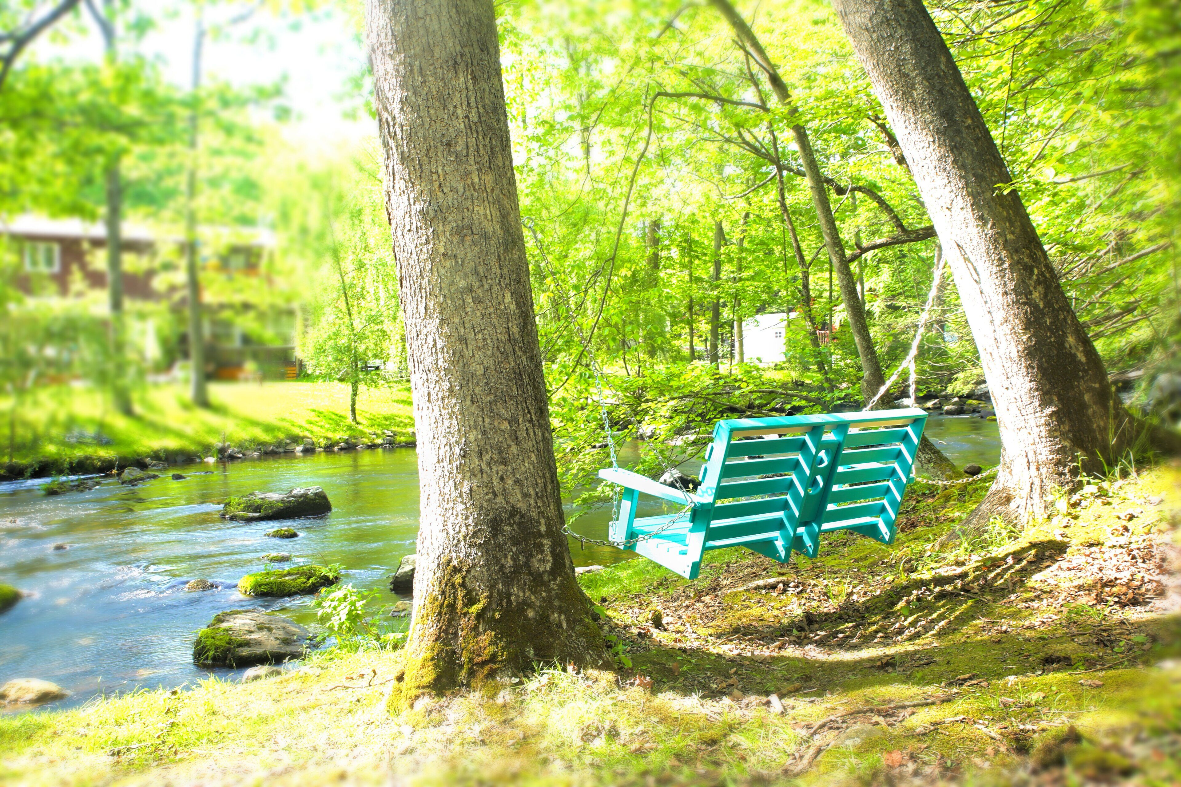 Cuddle with someone special on the streamside bench.