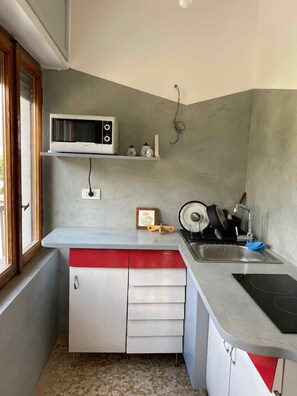 Kjøleskap, mikrobølgeovn, kokeplater og kaffetrakter/tekoker