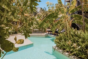 Outdoor pool, open 8:00 AM to 10:00 PM, pool umbrellas, sun loungers