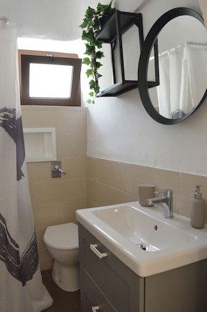 Regadera, secadora de cabello, toallas, papel de baño 