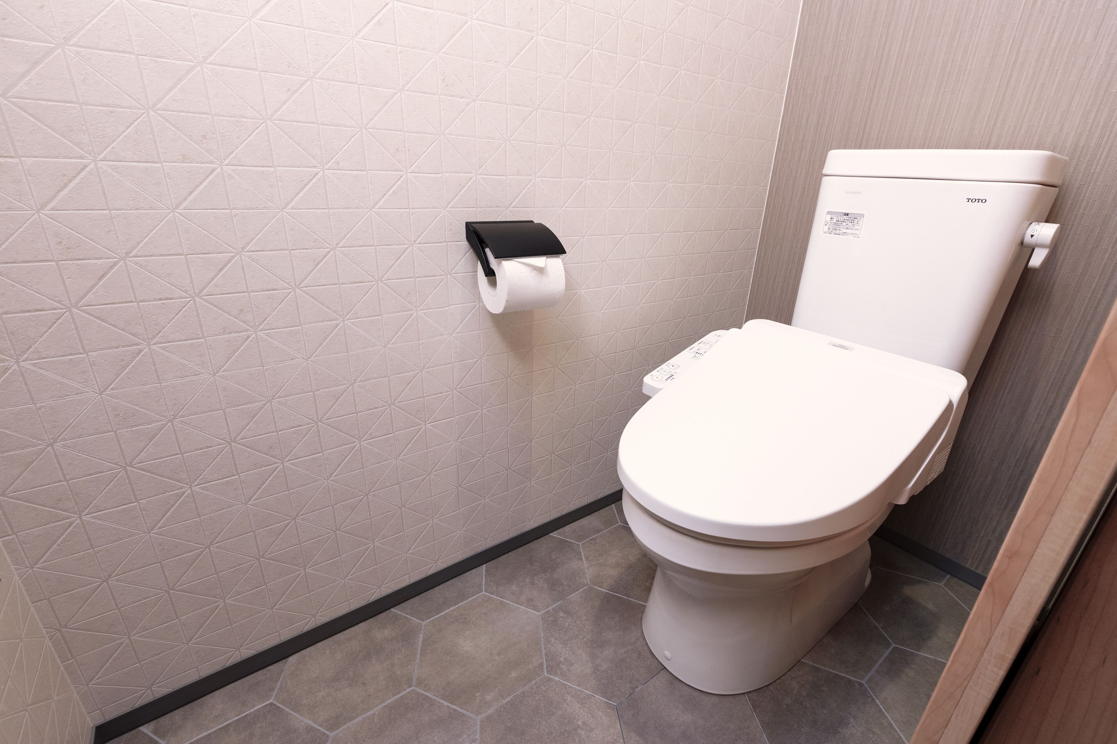 A modern bathroom with a toilet, a toilet paper holder, and a geometric-patterned wall.