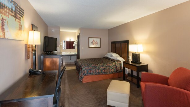 A hotel room with a bed, a desk with a telephone, a chair, a television, and a lamp. - Lebo Inn (Waverly)