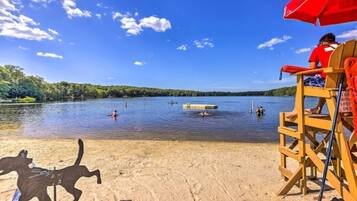 On the beach, sun-loungers