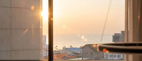 A view through a window with a cityscape and ocean in the background.