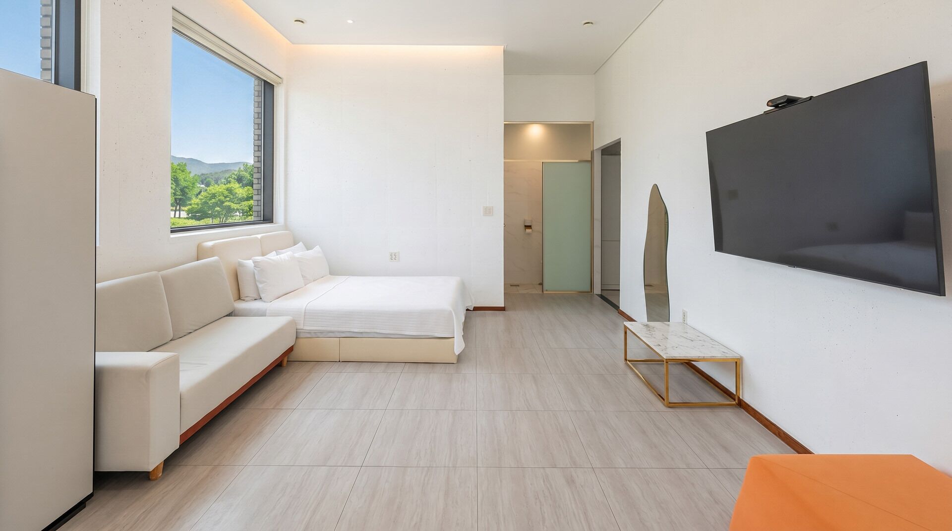 A modern room with a sofa, a bed, a TV, and a window with a view.