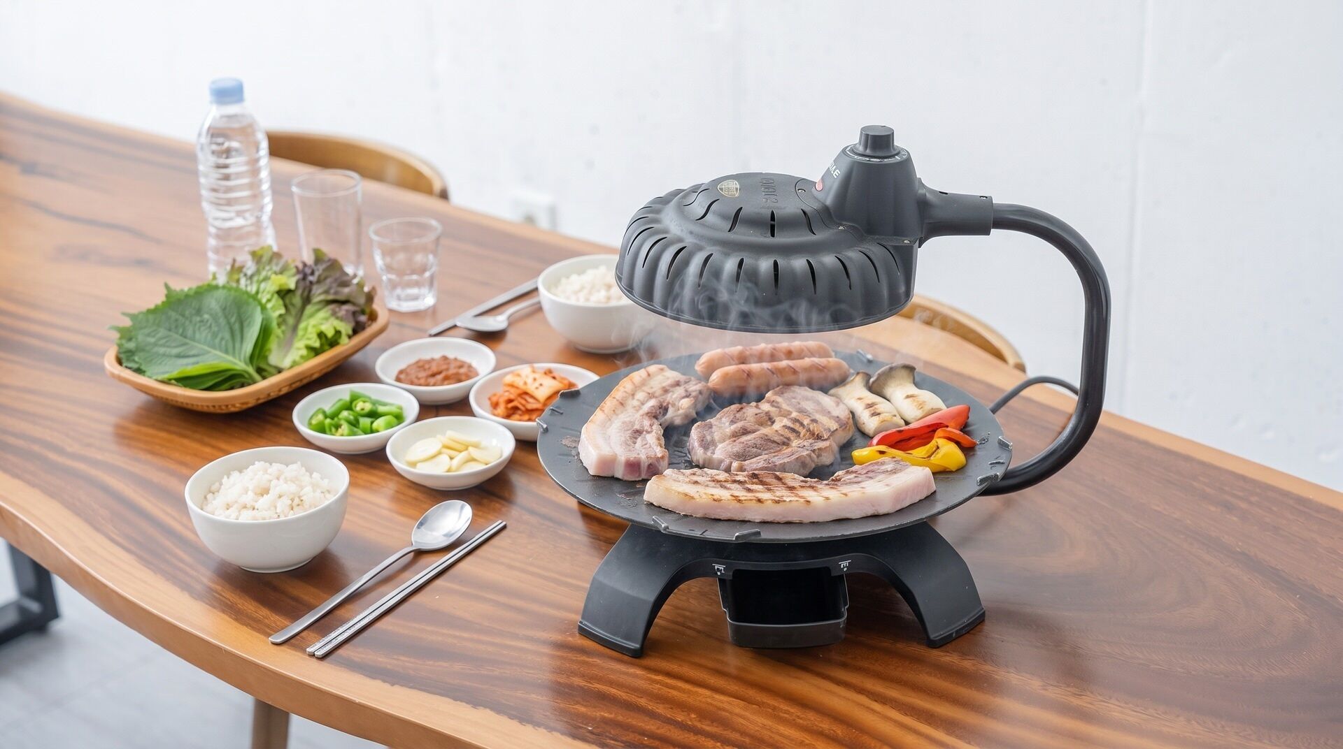 A portable grill with food items on it, a bowl of rice, a bowl of sliced vegetables, and a bottle of water on a wooden table.