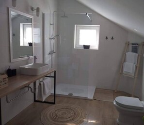 Shower, free toiletries, hair dryer, bathrobes