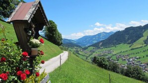 A bench with a rustic wooden structure and flowers, overlooking a green valley with a winding road and a small town in the distance. - Jaggler by Interhome (Wildschönau)