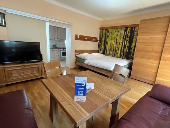 A bedroom with a bed, a TV, a dining table, and a kitchen area.