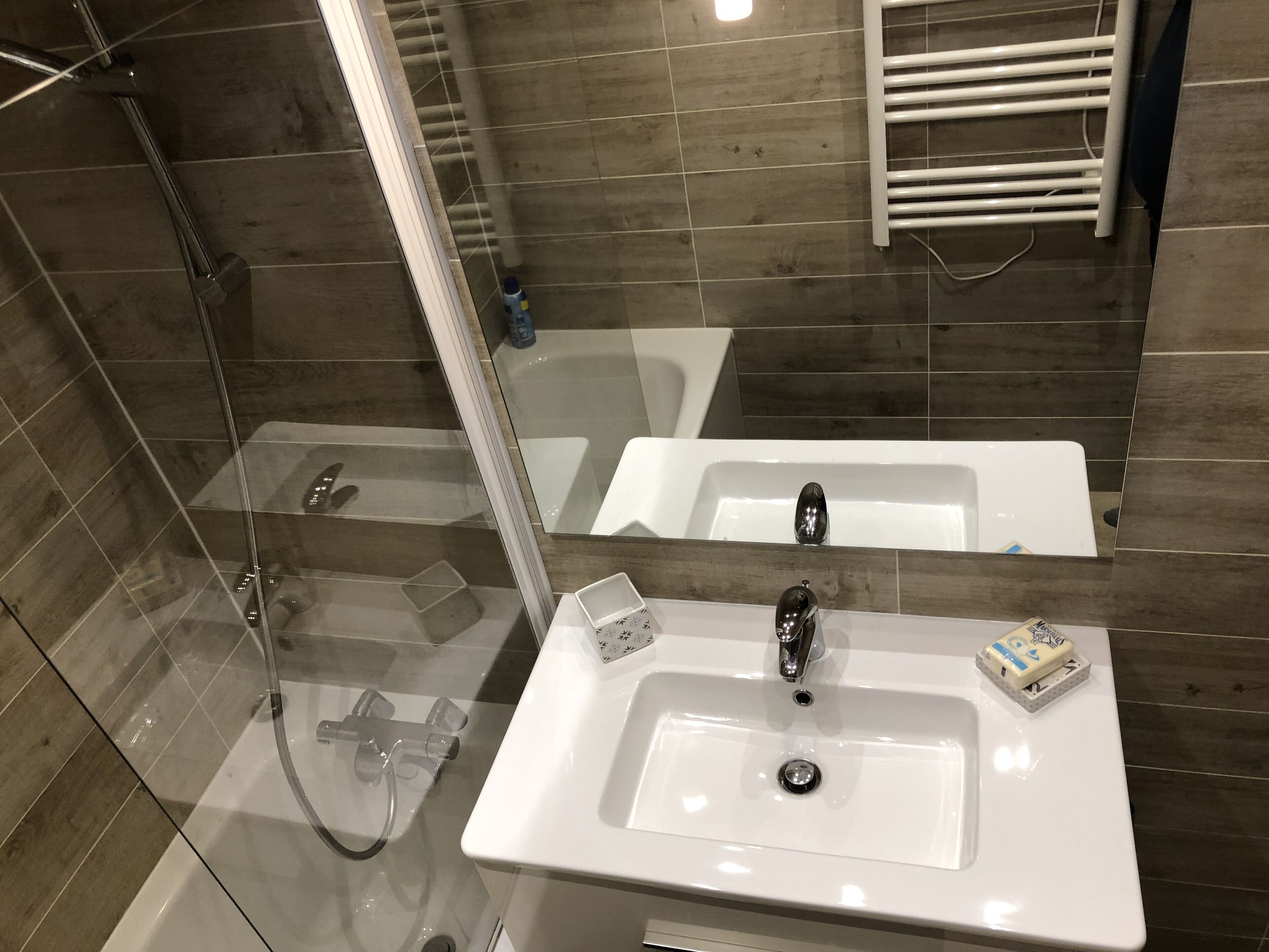 Combined shower/tub, hair dryer
