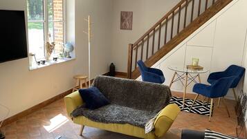 Télévision, cheminée, lecteur de DVD