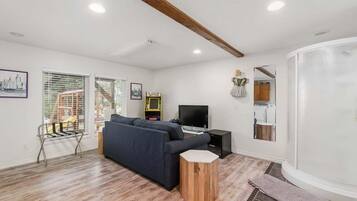 Smart TV, fireplace, video games, foosball