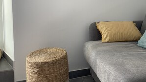 Een moderne woonkamer met een grijze bank, een geweven zitkussen en een cactussulptuur aan de muur.