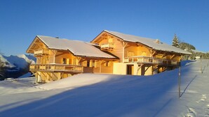 A wooden chalet with balconies, set against a snowy mountain backdrop. - Contemporary chalet, panoramic view (ORMONT DESSOUS)