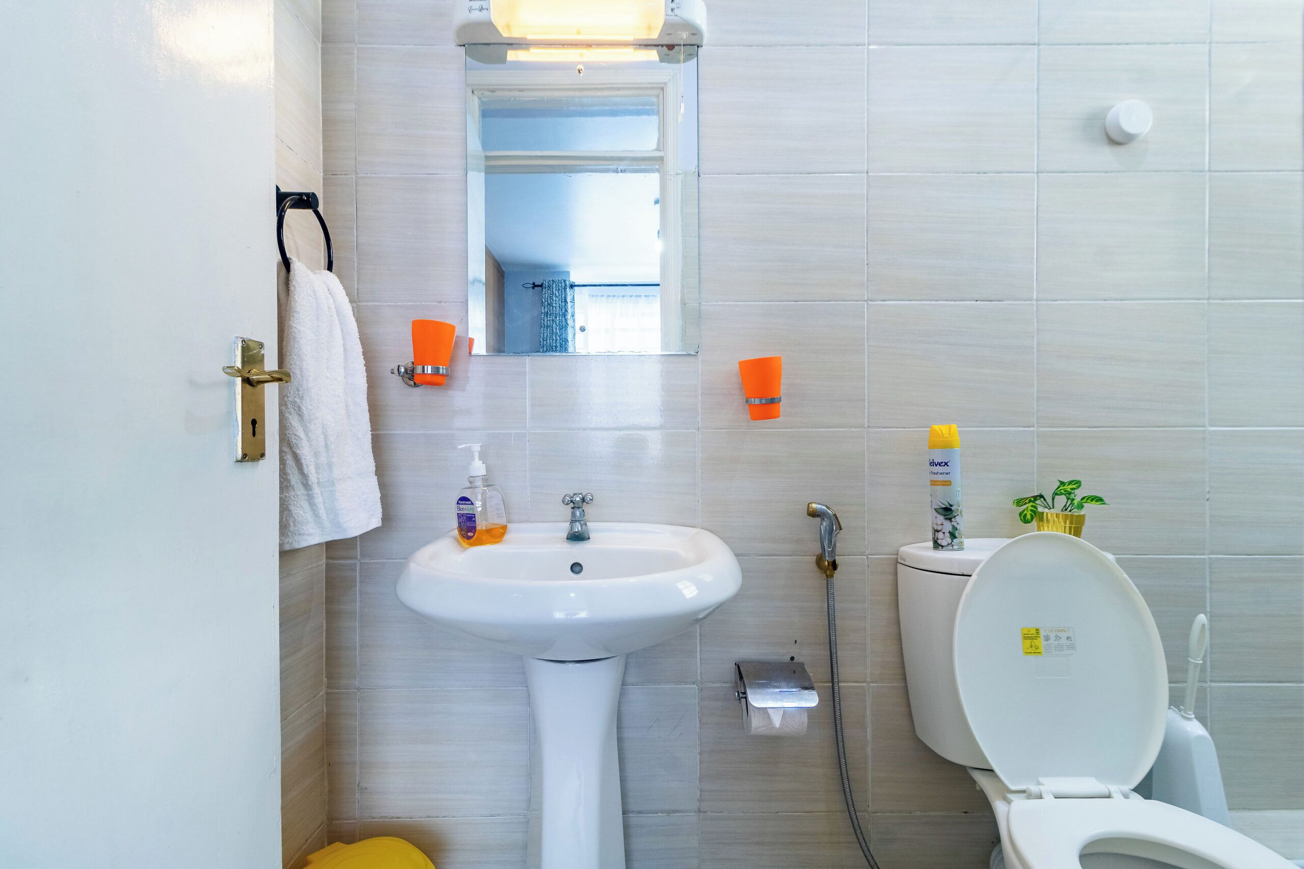 A bathroom with a white sink, a toilet, and a mirror above the sink. There are two orange soap dispensers on the wall, a small trash bin, and a potted plant on the toilet tank.