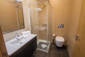 Shower, hair dryer, towels