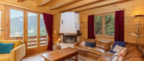 Televisio, takka, DVD-soitin, kirjoja