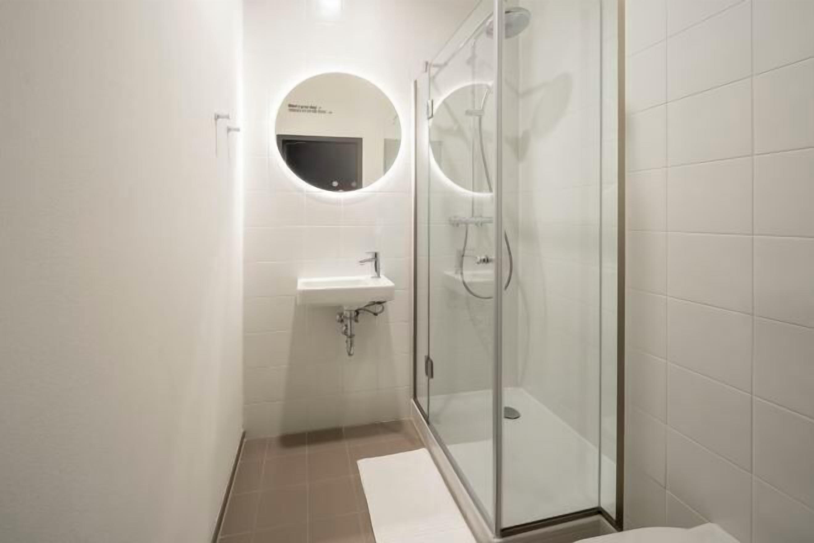 Shower, rainfall showerhead, soap, shampoo