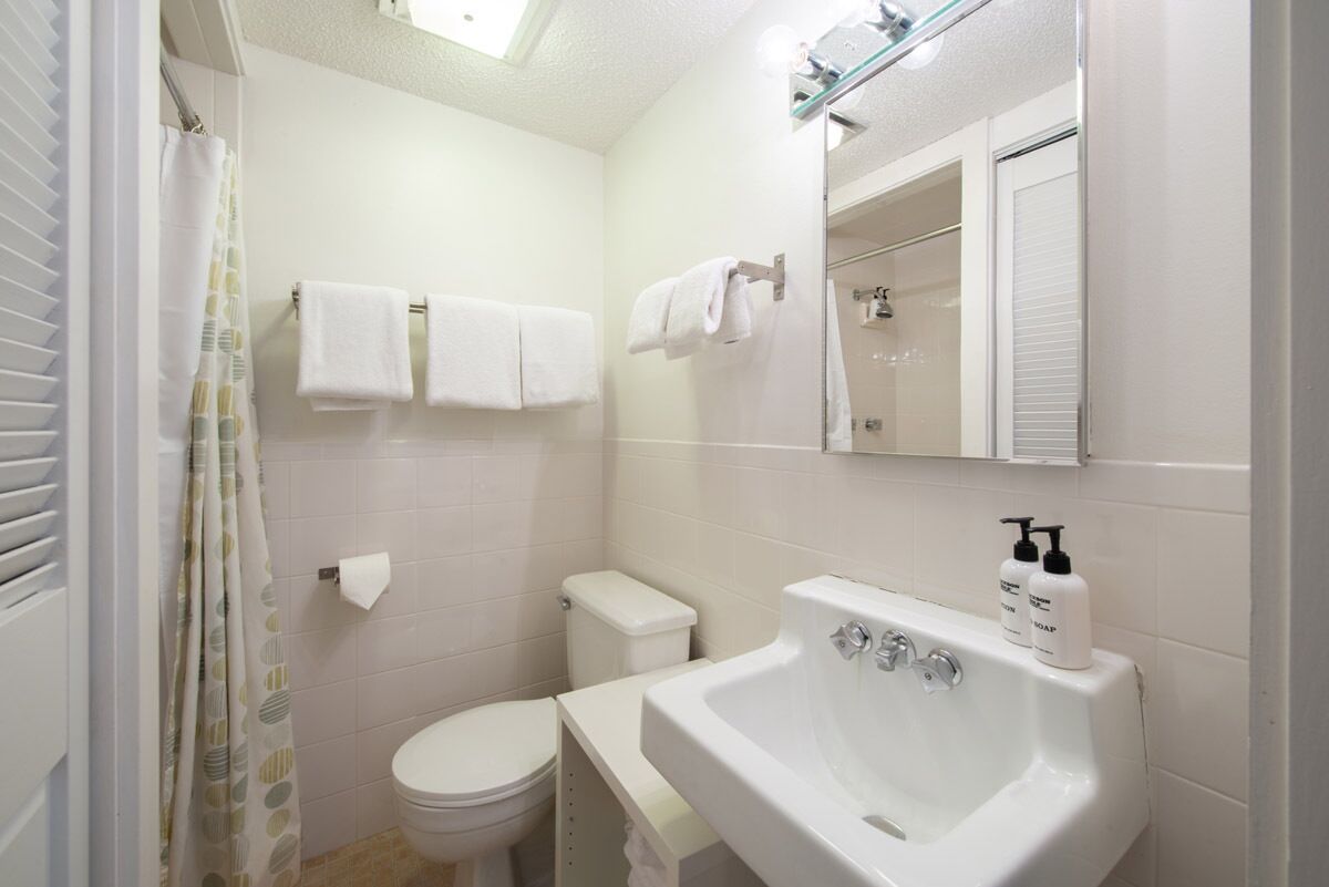 Un baño con inodoro, lavabo y cortina de ducha.