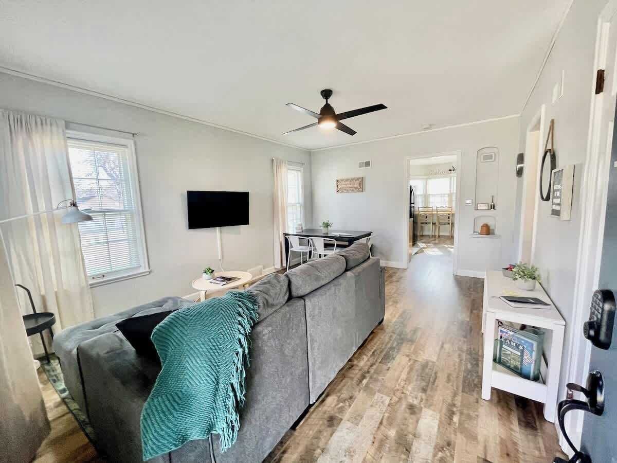 Smart TV, fireplace, table football, books