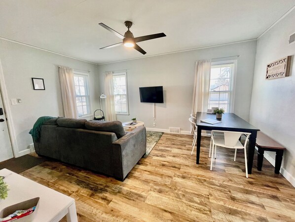 Smart TV, fireplace, table football, books