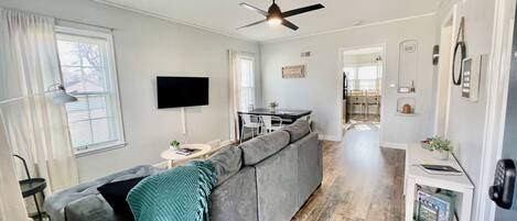 Smart TV, fireplace, foosball, books