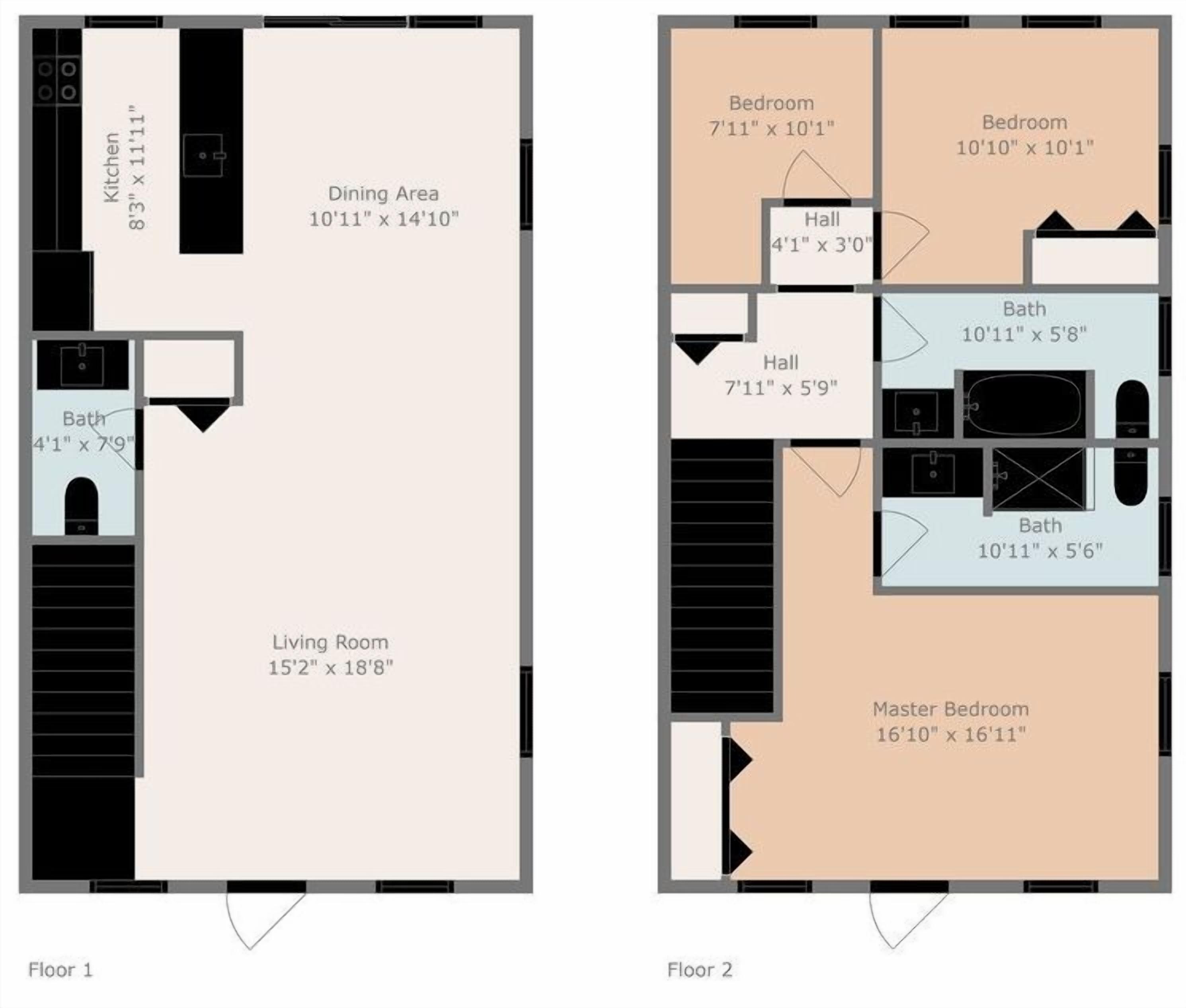Dois mapas de planta de um hotel, mostrando uma sala de estar, área de jantar, cozinha, dois quartos, dois banheiros e dois corredores.