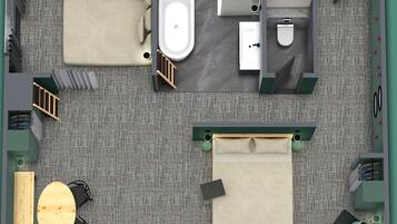 A hotel room layout with a bed, a sitting area with a table and chairs, a bathroom with a bathtub and toilet, and a small closet.