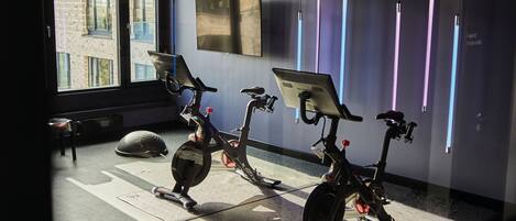 A modern gym with stationary bikes, a treadmill, and a large window providing natural light.