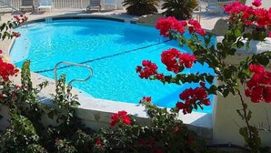 A swimming pool surrounded by white lounge chairs and red flowers. - Sea the View Casita-ADA access + heated community pool.hot tub,beach boardwalk (Port Aransas)