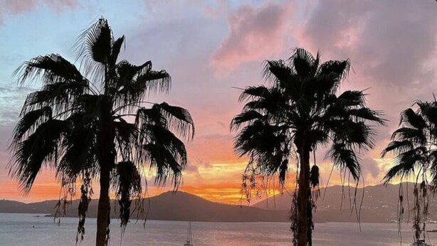 Escena de playa con palmeras, un atardecer y barcos en el agua.