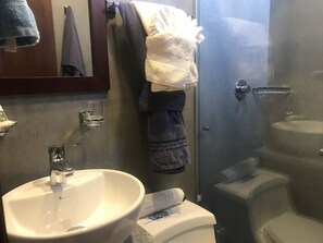 A bathroom with a sink, a toilet, and a glass shower enclosure. - Walkable to Downtown/Stadium/Hosp. St Ines. 360 View of Cuenca - Condo + Terrace (Cuenca)